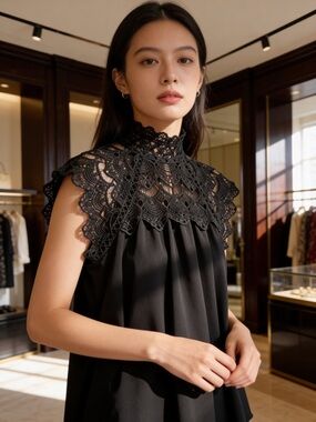 Black Lace Yoke Sleeveless Top